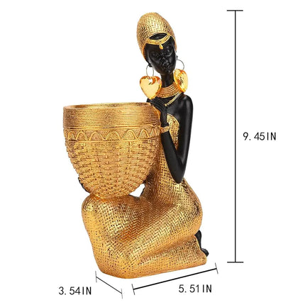 Free Shipping - African Statue Storage Tray Resin Art Figurine Black & Gold Tribal Lady Tray for Candy Jewelry Ring Phone, Home