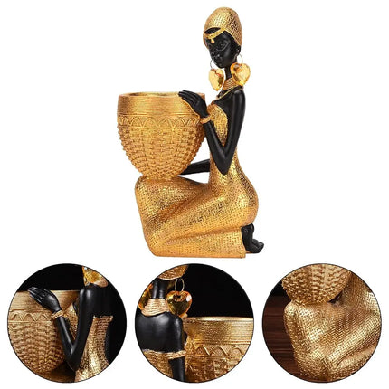 Free Shipping - African Statue Storage Tray Resin Art Figurine Black & Gold Tribal Lady Tray for Candy Jewelry Ring Phone, Home