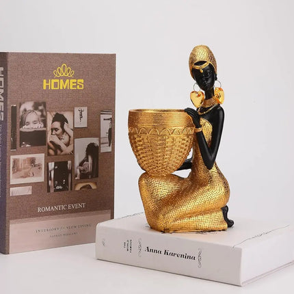 Free Shipping - African Statue Storage Tray Resin Art Figurine Black & Gold Tribal Lady Tray for Candy Jewelry Ring Phone, Home