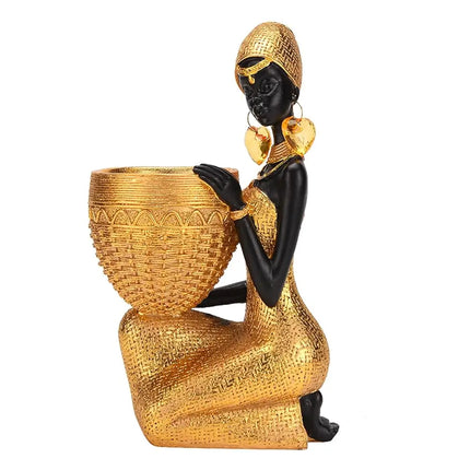 Free Shipping - African Statue Storage Tray Resin Art Figurine Black & Gold Tribal Lady Tray for Candy Jewelry Ring Phone, Home