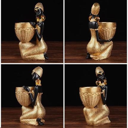 Free Shipping - African Statue Storage Tray Resin Art Figurine Black & Gold Tribal Lady Tray for Candy Jewelry Ring Phone, Home