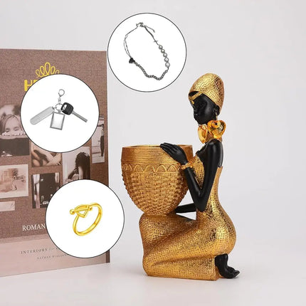 Free Shipping - African Statue Storage Tray Resin Art Figurine Black & Gold Tribal Lady Tray for Candy Jewelry Ring Phone, Home